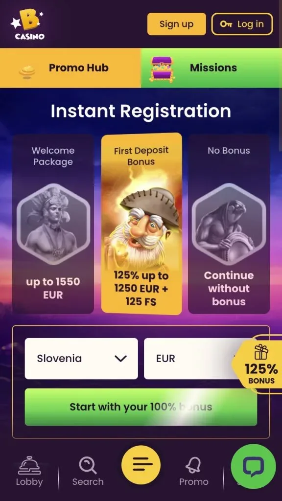 First step of Bizzo Casino registration on mobile
